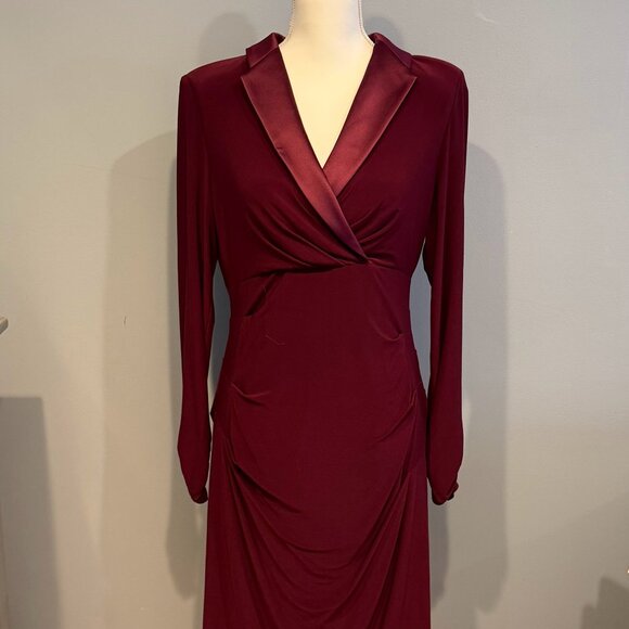 Adrianna Papell US 12 Red Wine Jersey Tuxedo Ruched Wrap Dress Notched Collar - Picture 4 of 5